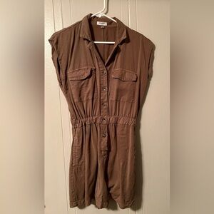 Weekend Brown Button-Up Chic Romper With Pockets